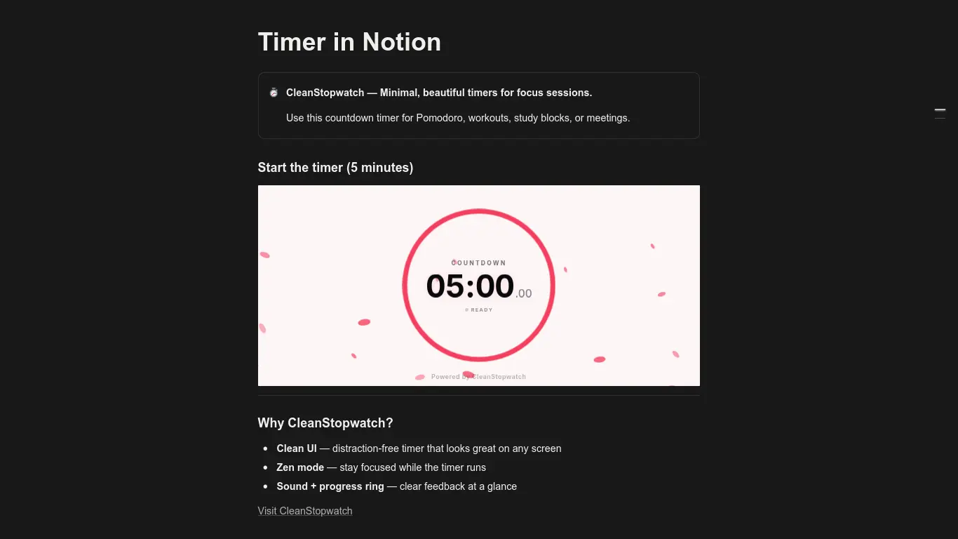 CleanStopwatch embedded inside a Notion productivity dashboard workspace